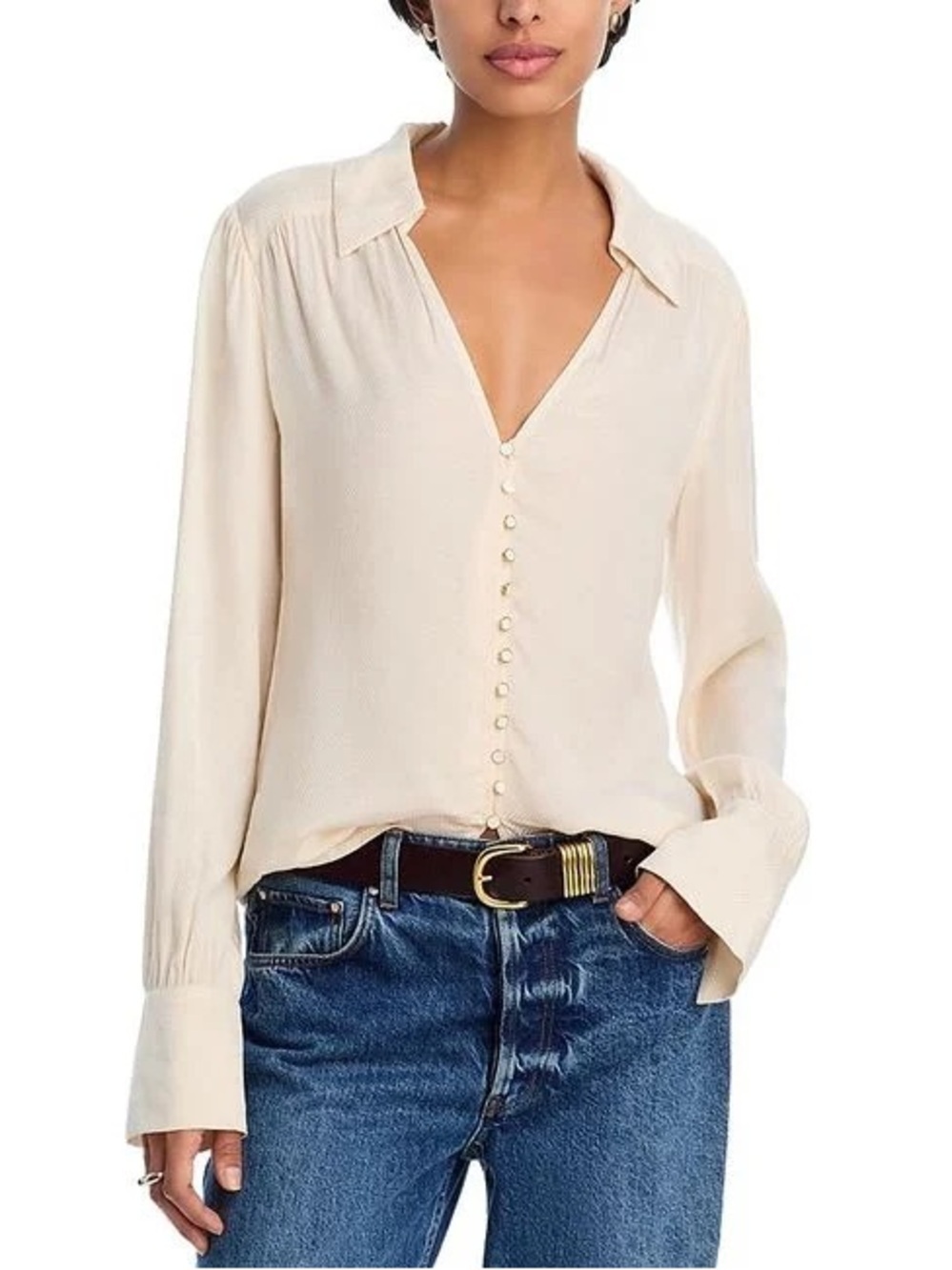 Paige • NWT Camu Jacquard Button Up Cream V-Neck Button Front Blouse PTP 18”